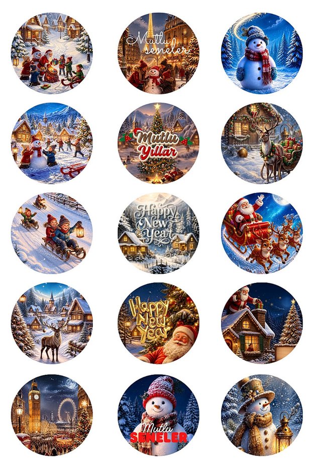 Mixed New Year Sticker Set, Large Size (4cm) - 300 Pieces (20 Sheets) - New Year Figures