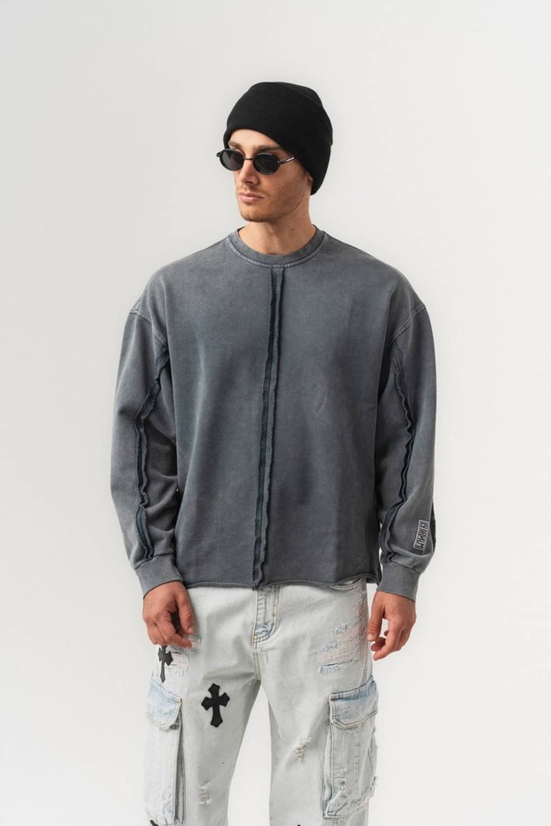 Panelcore Washed Oversize Crew Neck Men's Sweatshirt with Stitching Detail