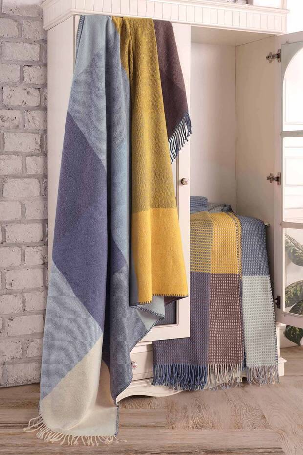 Yellow Gray Tones Cotton Scotch Plaid Blanket Double Size 200X220