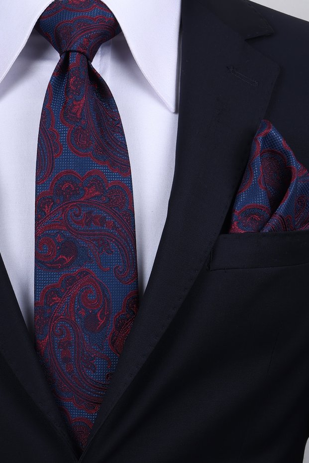 Hand Made 8 cm Large Shawl Pattern Burgundy Blue Color Handkerchief Tie