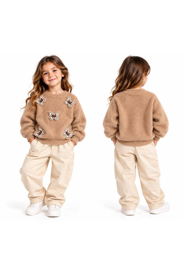 Girls' Butterfly Embroidery and Printed Yumos Knitwear 4-12 Years Old Crew Neck Trendy Knitwear Sweater