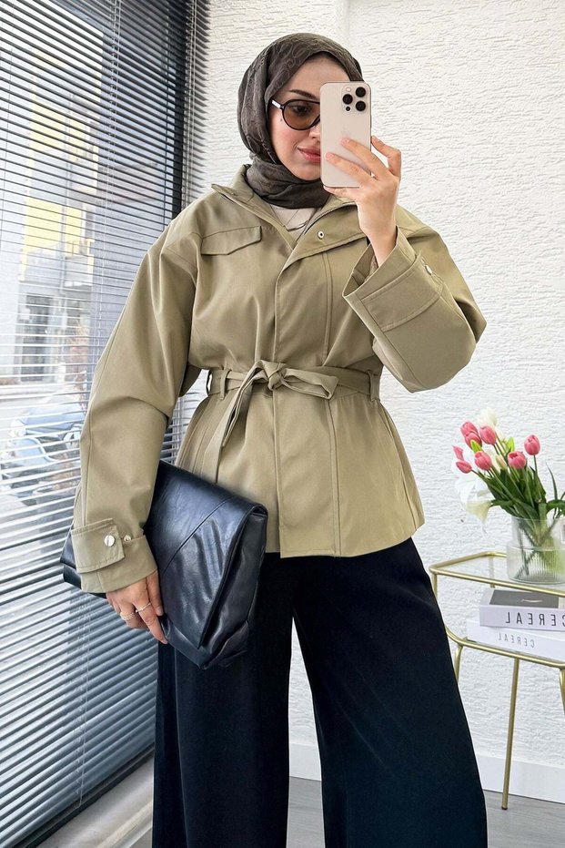 Premium Mngo Model High Collar Belted Jacket - Khaki
