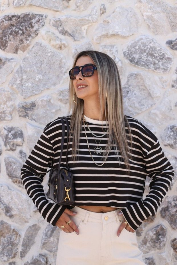 Coffee Standard Size Striped Crew Neck Tshirt