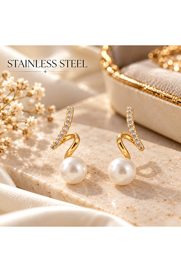 Gold Color Pearl Twist Design Steel Earrings