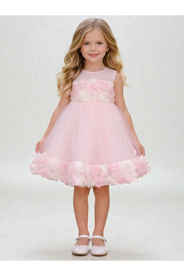 Flowered Evening Dress for Ages 1-3 - Pink / Cotton Lined, Tulle, Floral Detail, Princess Model
