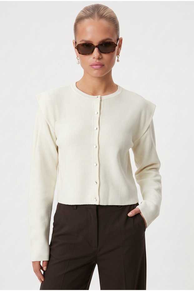 Women's New Dianna Ecru Shoulder Detailed Knitwear Cardigan