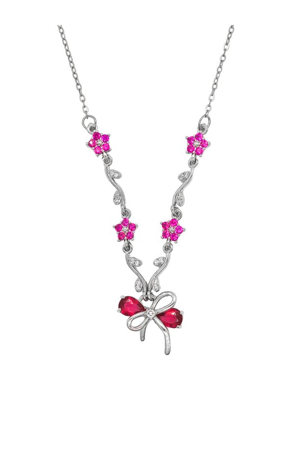 Women's Silver Color Flower Bow Detailed Zircon Stone Elegant Necklace Valentine's Day Birthday Gift