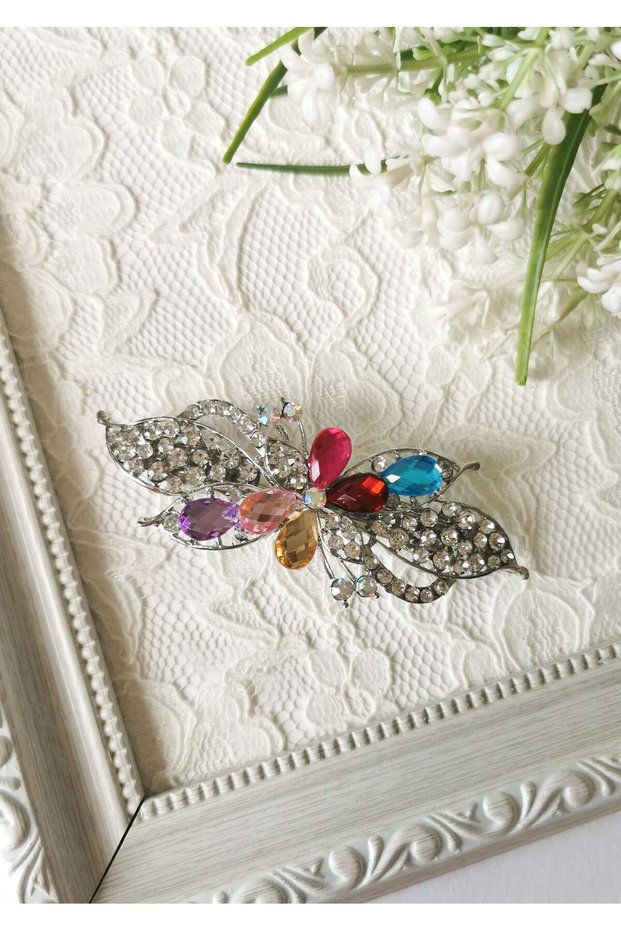Colorful Stone Sparkling Flower and Leaf Detailed Automatic Clasp 9.5X3.5 cm Silver