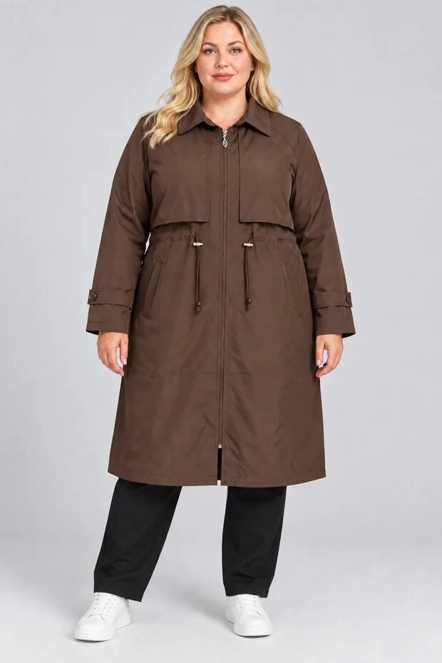 Women's Plus Size Brown Zippered Collared Waist Drawstring Pocket Trench Coat Hzl28W-Rzb12071