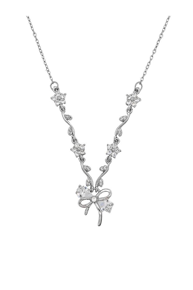 Women's Silver Color Flower Bow Detailed Zircon Stone Elegant Necklace Valentine's Day Birthday Gift