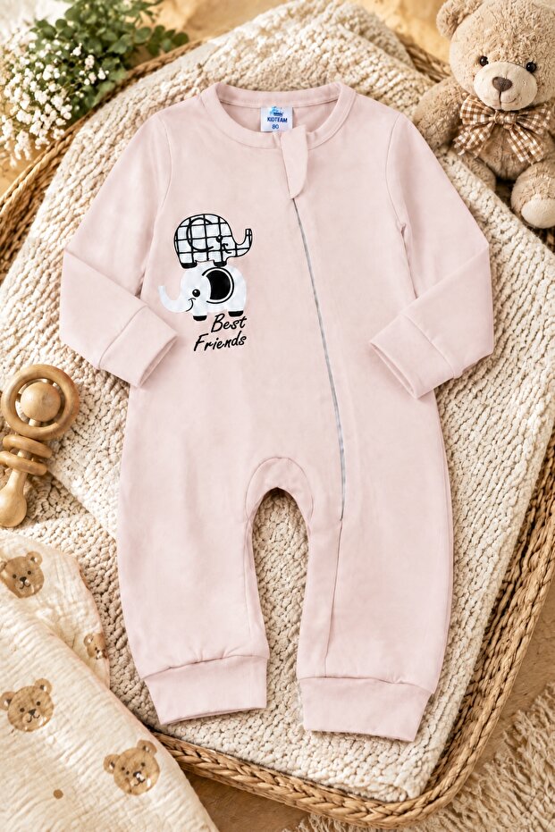 Unisex Baby Romper Long Sleeve Zippered Cotton Elephant Printed