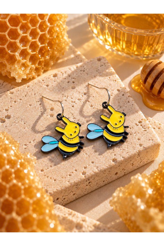 Women's Bee Figured Dangle Earrings Yellow Black Blue Winged Cute Bijouterie Earrings