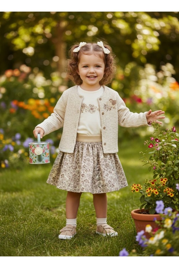 Girl's Crispy Printed Patterned 3-Piece Skirt Set