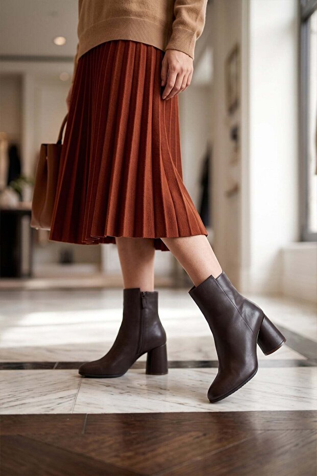 Elit Vvs2727C Women's Genuine Leather Heeled Boots Brown