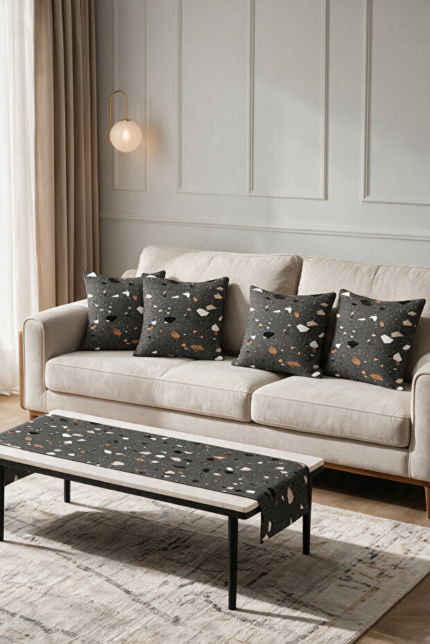 Black Terrazzo Mosaic Stone Double-Sided Printed Suede 5-Piece Living Room Set - 4 Cushion Covers 43X43 cm + Runner 140X40 cm