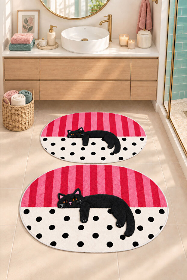 Digital Non-Slip Washable Double Oval Cat Bath Mat Bathroom Rug Bathroom Decor Home Decor 40X60+60X90Cm