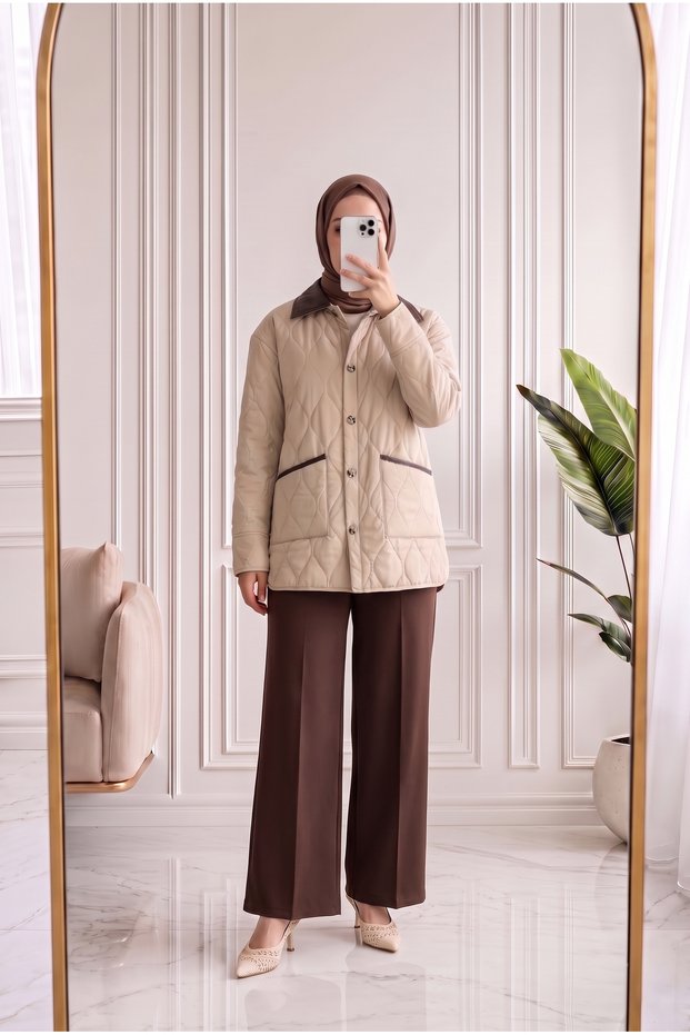 Leylanaz Collared Leather Quilted Coat-En2229 Stone
