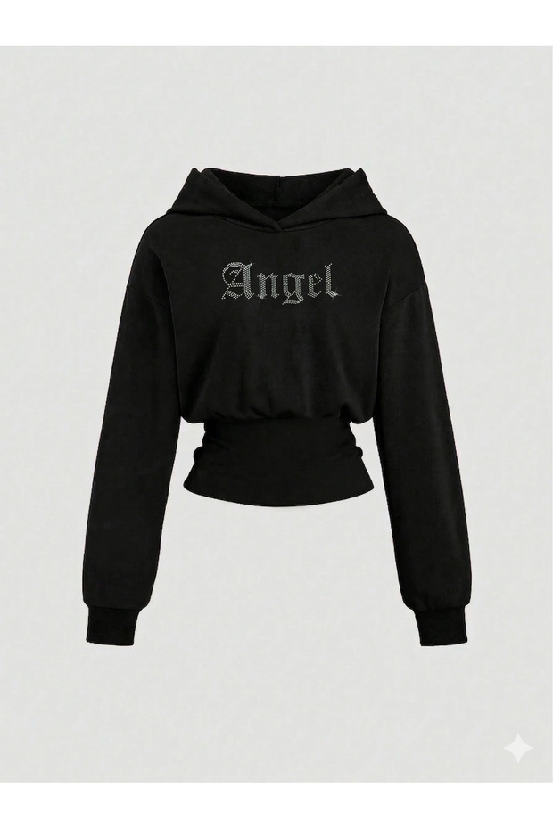 Women's Oversize Crystal Stone Printed Short Hooded Crop Sweatshirt