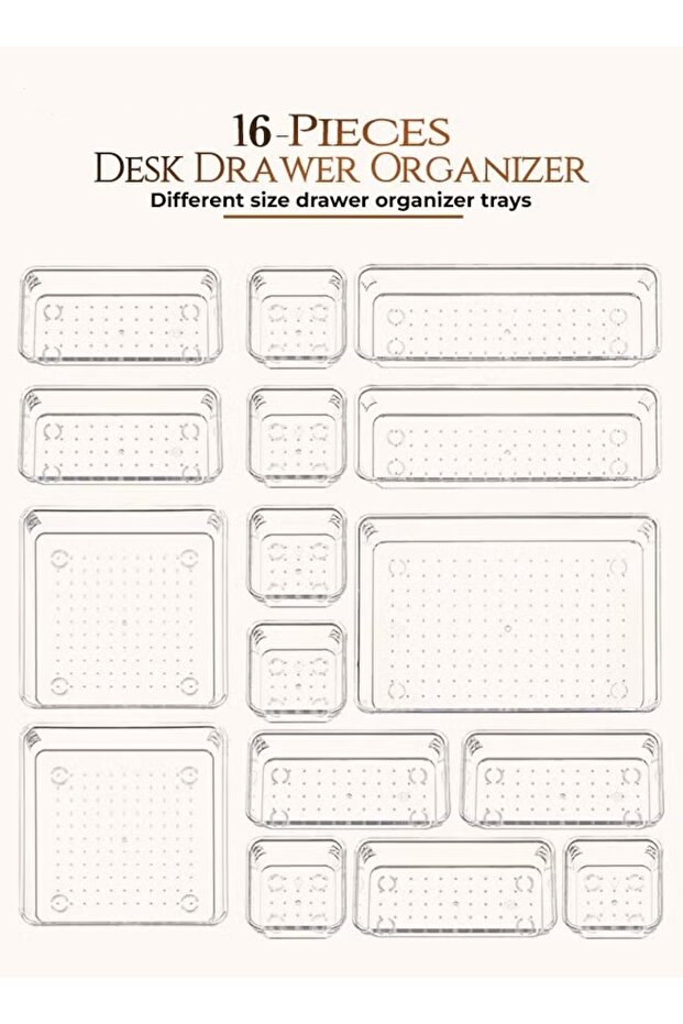 16-Piece Clear Plastic Drawer Organizer Trays, Makeup Vanity Kitchen Storage Bins