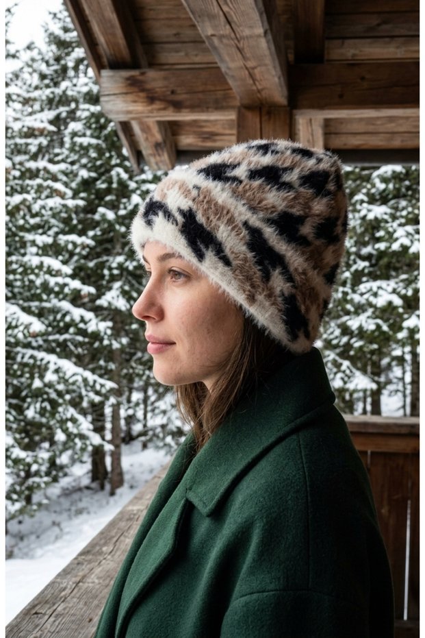 Patterned Shaggy Yarn Soft Textured Plush Women's Beanie - Winter Soft