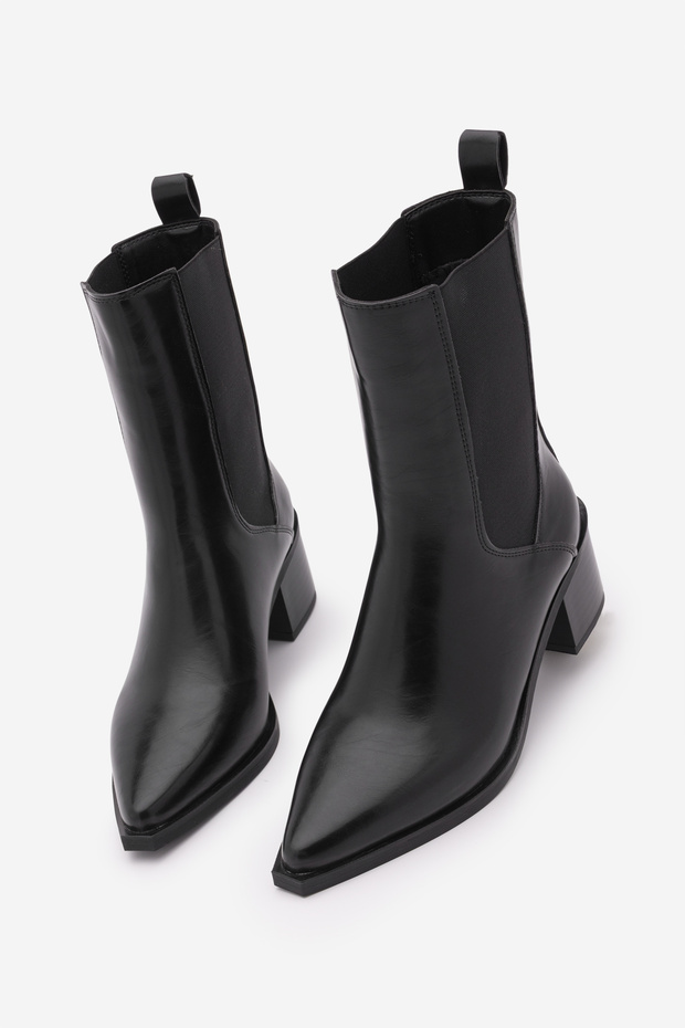 Women's Pointed Toe Thick Heeled Double Elastic Chelsea Casual Heeled Boots Ropes Black S