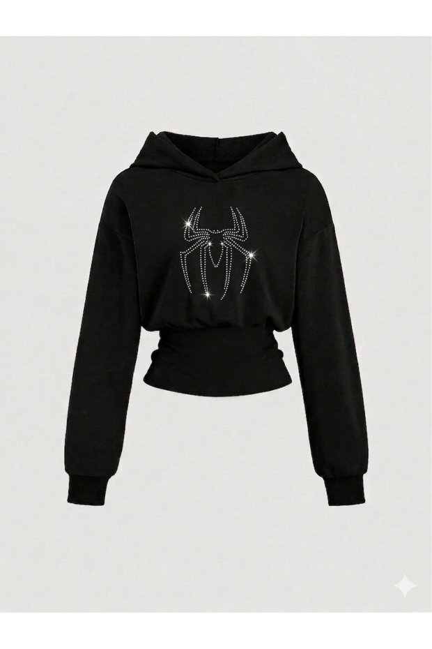Women's Oversize Crystal Stone Printed Short Hooded Crop Sweatshirt