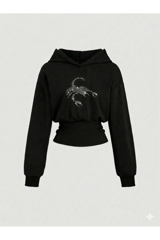 Women's Oversize Crystal Stone Printed Short Hooded Crop Sweatshirt
