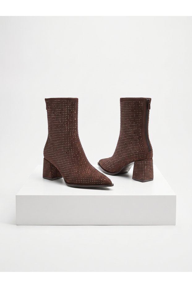 Brown Suede Stone Detailed Short Thick Heeled Boots