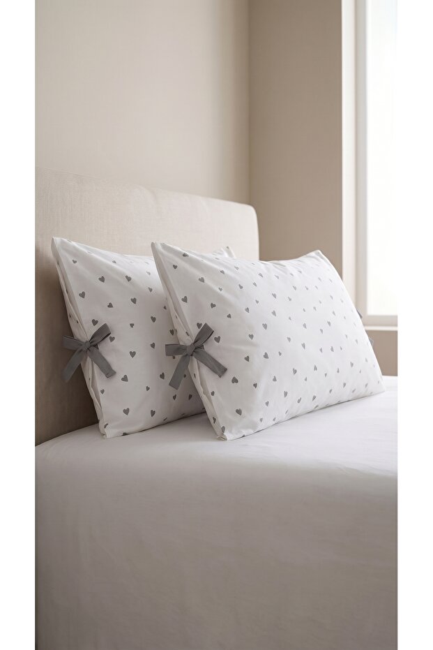 100% Cotton Gray Hearted Lace Pillowcase 50X70 cm 2 Pieces – 1 Gray Decorative Case with Heart Pattern and Lace