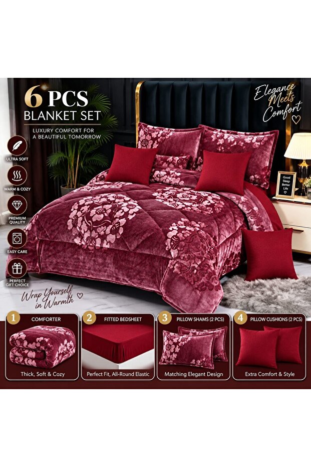 Velvet Winter faux fur Comforter Set 6 Pcs, fitted bedsheet and fixed duvet King Size