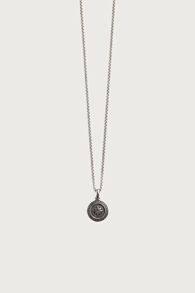 Men's Sun Star Medallion Steel Necklace Silver
