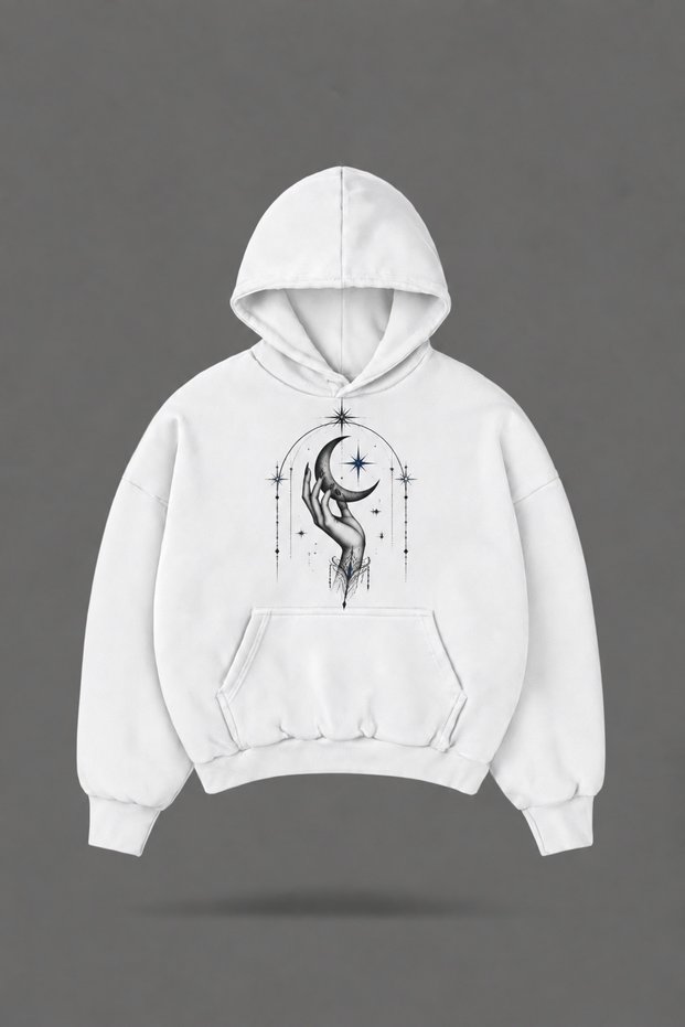 Oversize Moon Front and Back Printed Hooded White Sweatshirt
