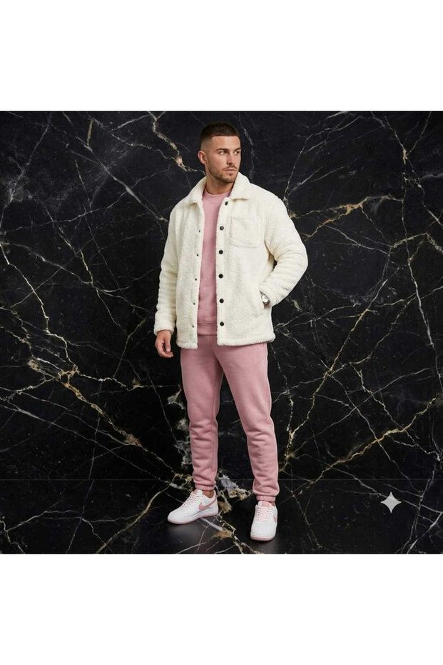Men's Plush Shirt Sweatshirt Tracksuit 3-Piece Set