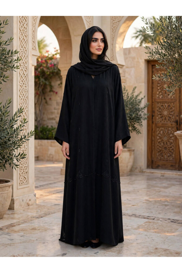 Premium Flowy Abaya with Artisan Beadwork and Wide Cut Sleeves