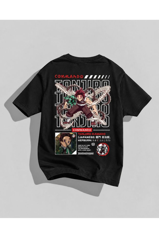 Tanjiro Kamado Anime T-Shirt – Demon Slayer Commando Printed Oversized Black and White T-Shirt