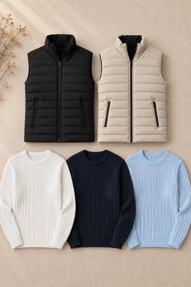 5-Piece Men's Vest and Sweater Set – 2 Quilted Vests + 3 Crew Neck Sweaters