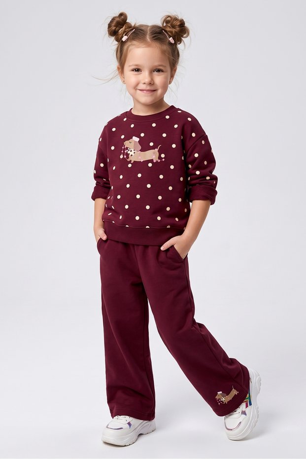 Girl Child Polka Dot Dog Printed Cotton Tracksuit Set