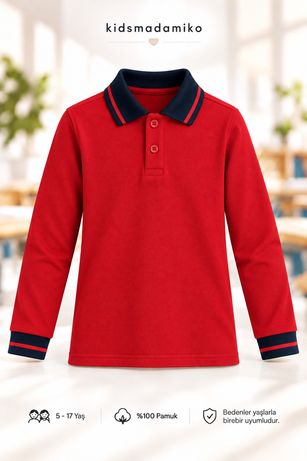Long Sleeve Polo Collar 100% Cotton Pique School T-Shirt Red Navy Blue 5-17 Years