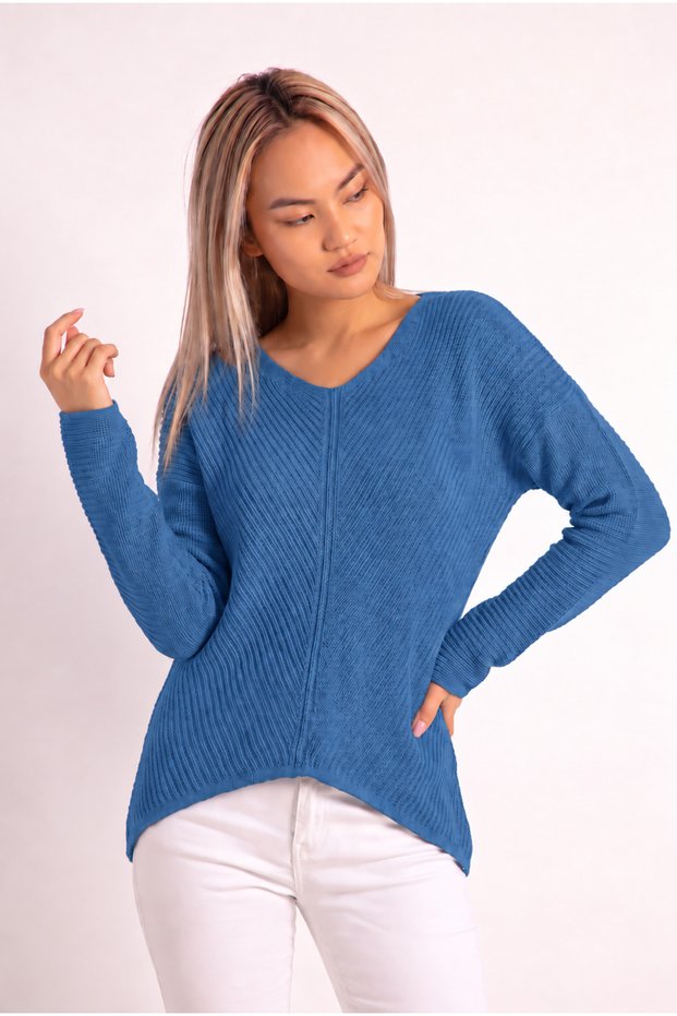 Women'S, New Season, Blue Acrylic Knitwear Sweater, Batwing Sleeve, V-Neck, Asymmetrical Hem, Long Sleeve