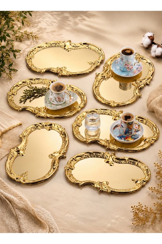 6-Piece Artnova - Silen Model Gold Color Stainless Steel 20X31 cm Coffee - Presentation - Decorative Tray