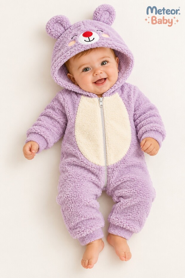 Baby Girl Jumpsuit Teddy Bear Hooded Plush Zippered Welsoft One-Piece Jumpsuit