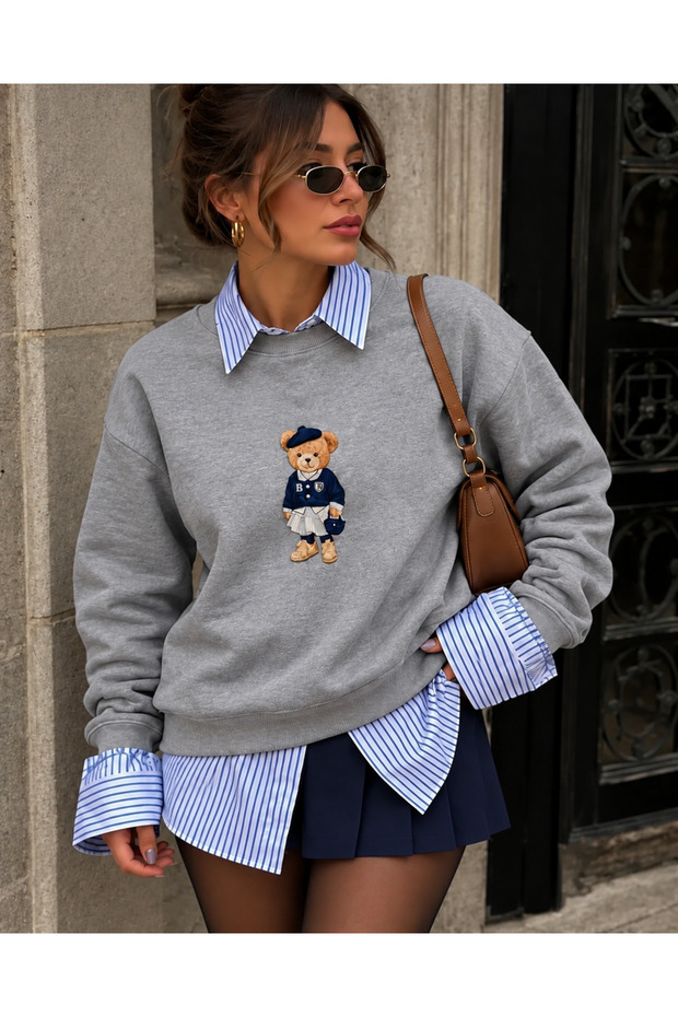 Gray Crew Neck Teddy Printed Oversize Sweatshirt