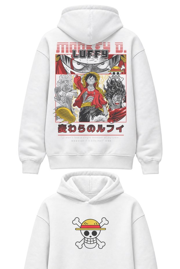Oversize Monkey D. Luffy Back Print Hooded Sweatshirt, Unisex One Piece Anime Themed Hoodie