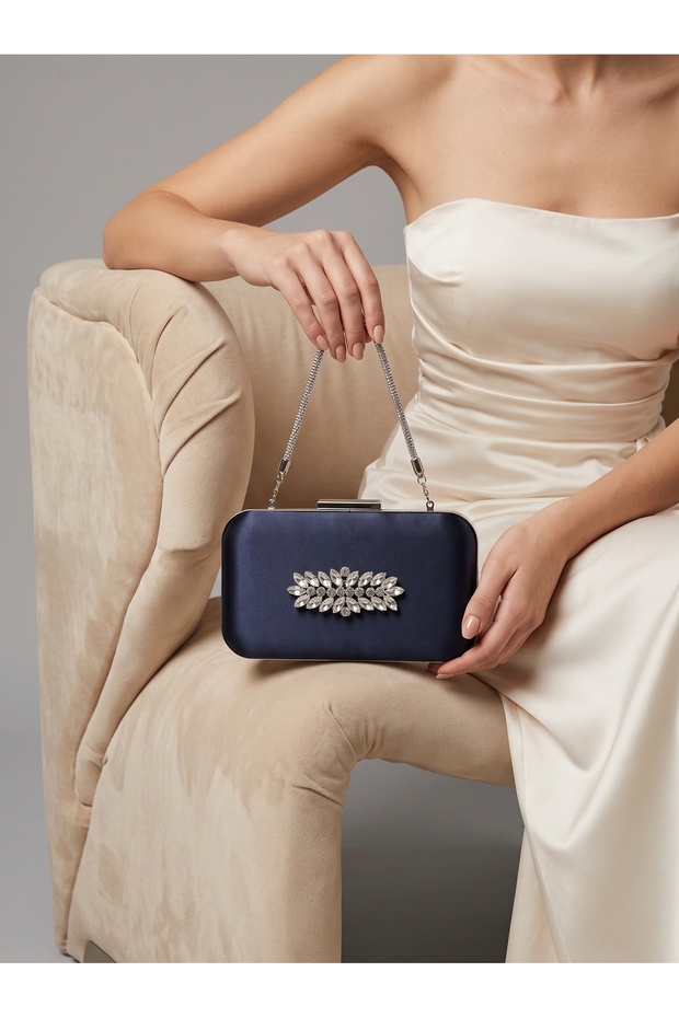 Navy Blue Satin Silver Metal Detailed Crystal Stone Embroidered Chain Strap Women's Evening Dress Bag Wedding Engagement Graduation