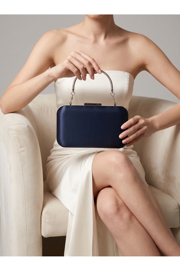 Navy Blue Satin Silver Metal Detailed Crystal Stone Embroidered Chain Strap Women's Evening Dress Bag Wedding Engagement Graduation