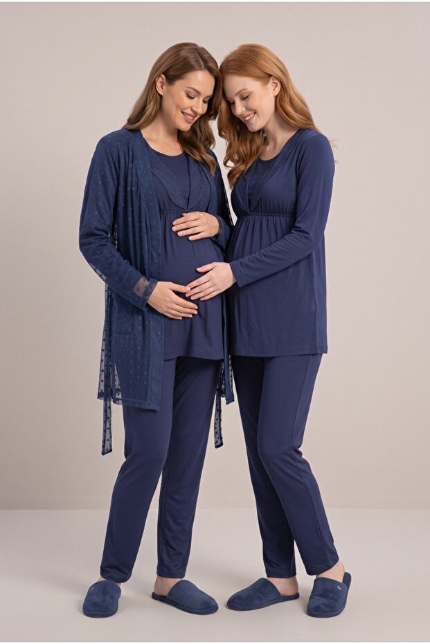 Women's Navy Blue Lace Maternity Pajama Set with Dressing Gown for Easy Breastfeeding