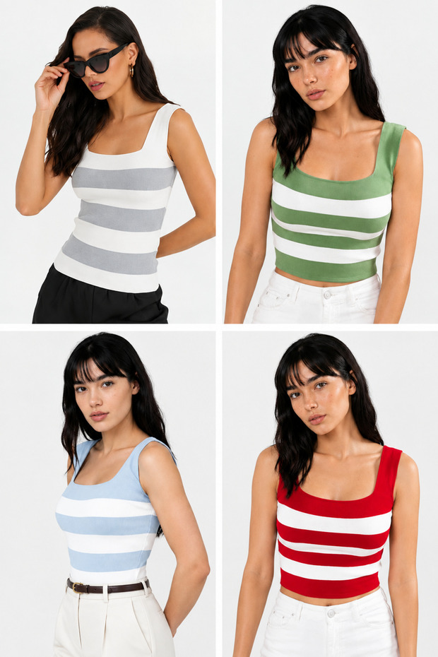 4-Piece Square Collar Striped Knitwear Athlete Women's Slim Fit Stylish Knitwear Blouse