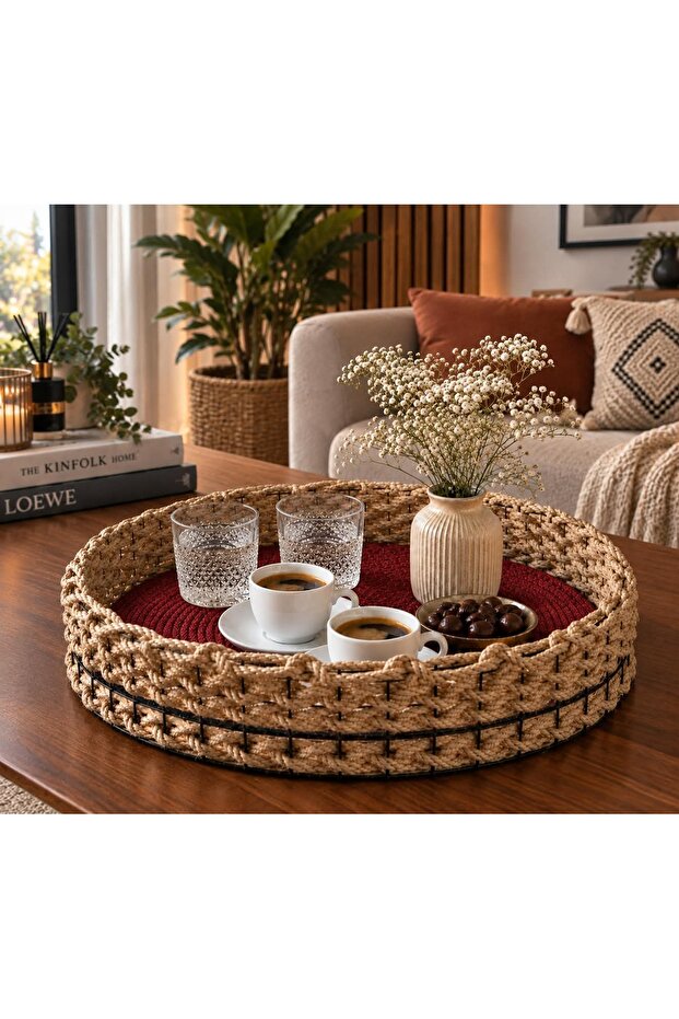 Wicker Weave Burgundy Base Decorative Handmade Tray