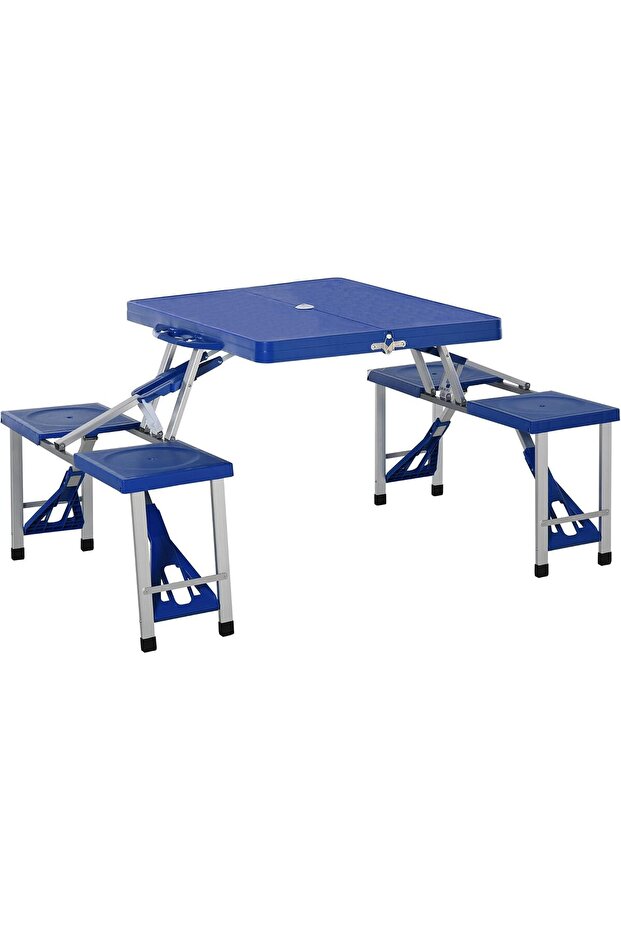 Portable Foldable Camping Picnic Table with Seats Chairs and Umbrella Hole, 4-Seat Fold Up Travel Picnic Table, Blue