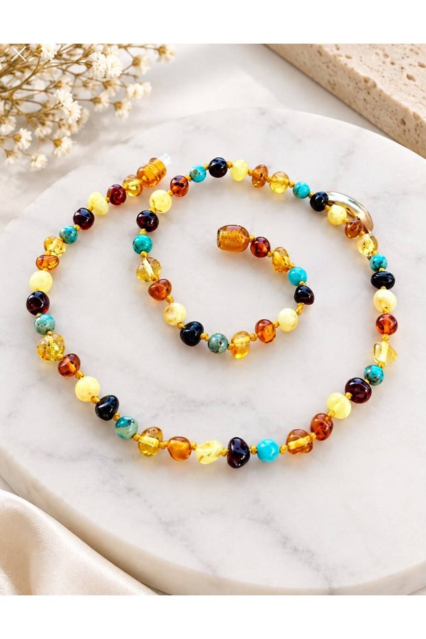 Certified Original Drop Amber Baby-Child Necklace and Adult Turquoise Bracelet